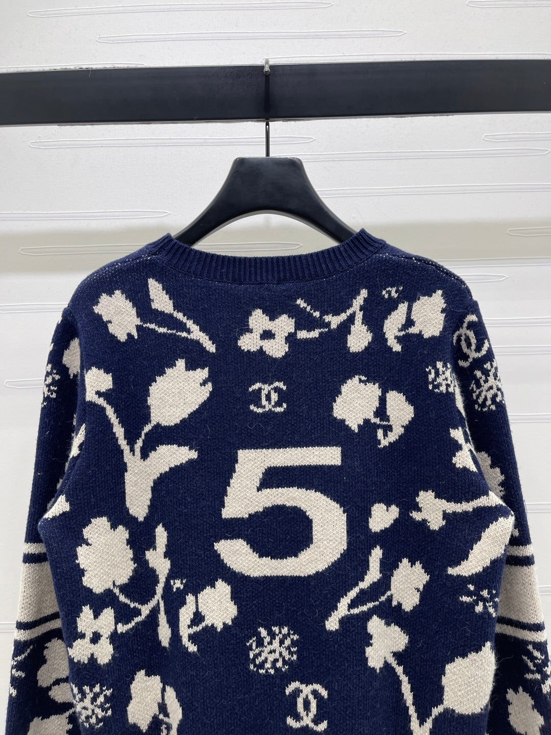 CC Double C Floral Jacquard Long-Sleeved Sweater Navy Blue Cashemere 344097