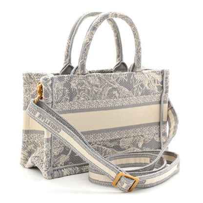 Canvas Embroidered Toile De Jouy Reverse Mini Book Tote With Strap Grey