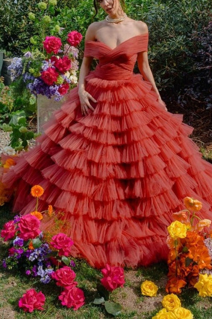 formaldressy- Orange-red solid color layered long dress with tulle gh6199