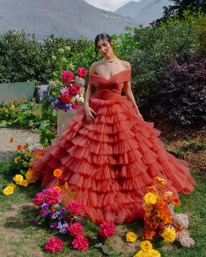 formaldressy- Orange-red solid color layered long dress with tulle gh6199