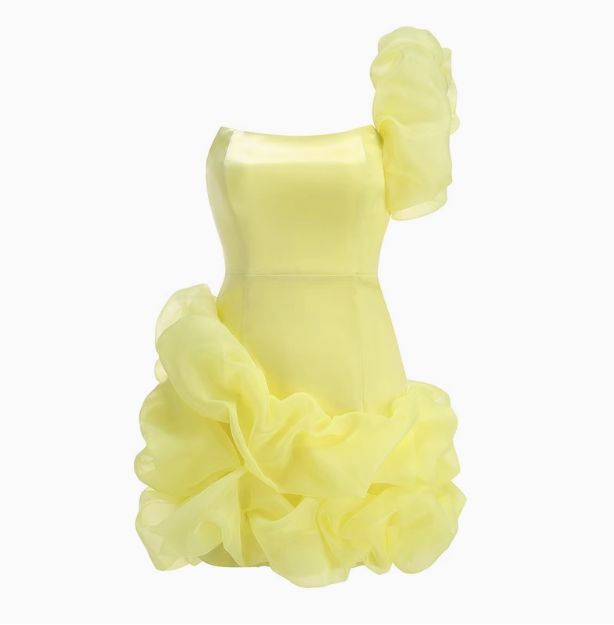 formaldressy-Yellow one-shoulder fashion sweet bud skirt short chiffon homecoming dress birthday dress gh5269