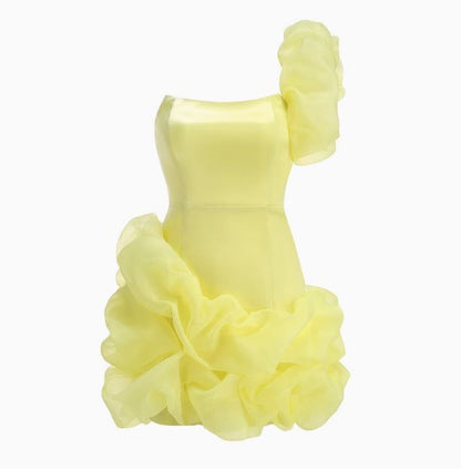 formaldressy-Yellow one-shoulder fashion sweet bud skirt short chiffon homecoming dress birthday dress gh5269