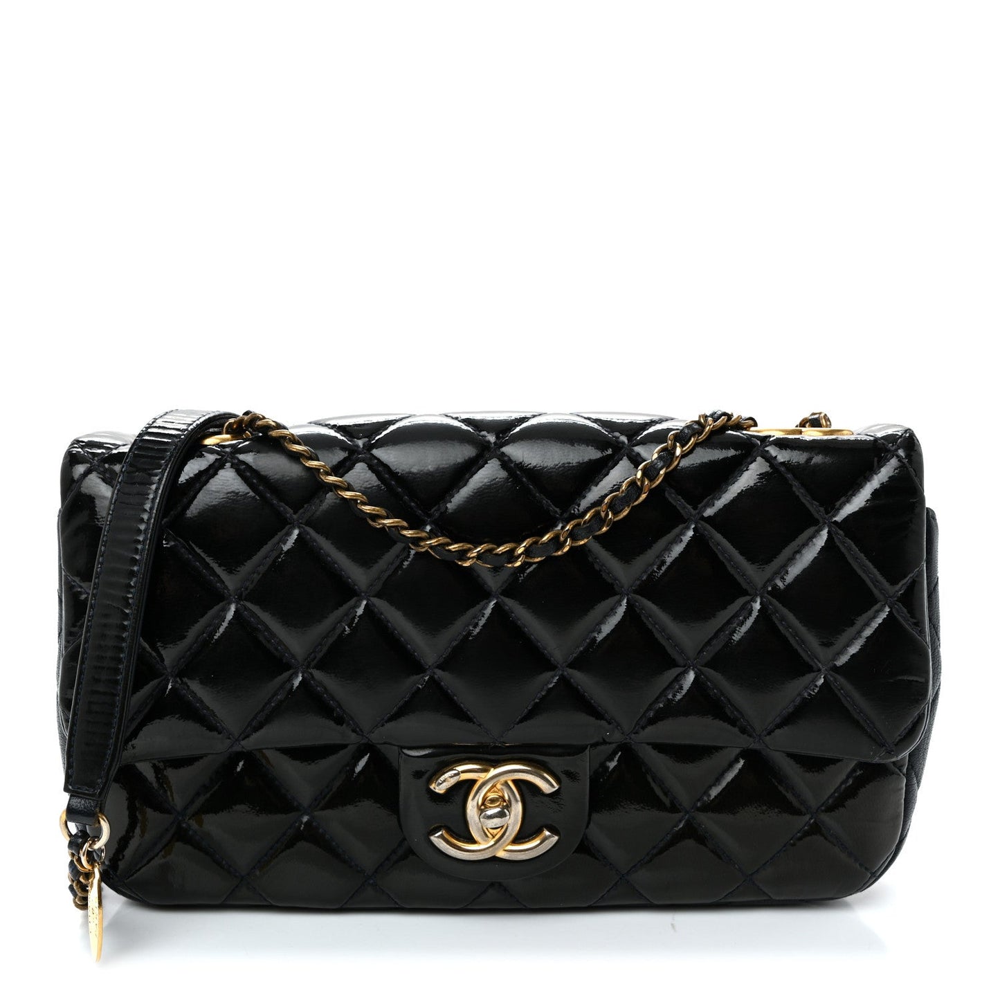 Patent Goatskin Quilted Medium CC Eyelet Flap Blue