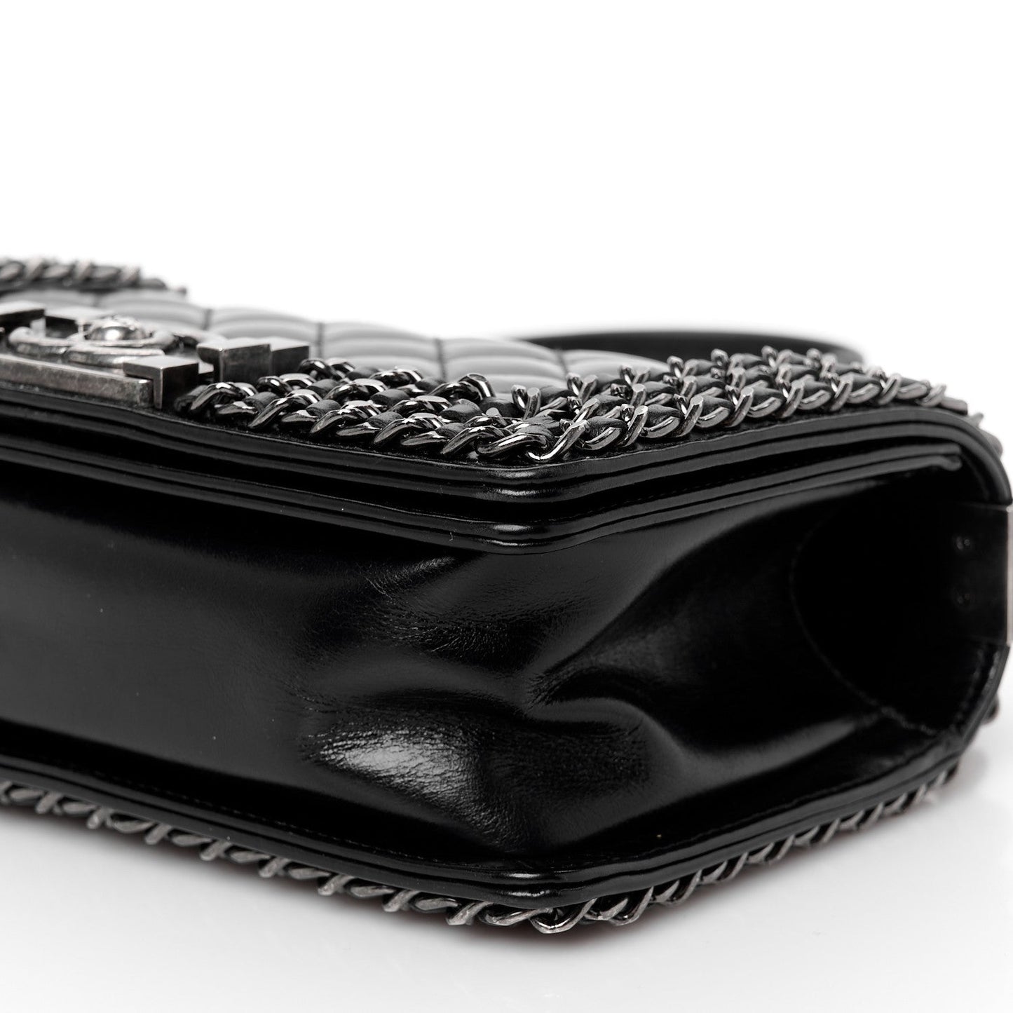 Glazed Calfskin Quilted Small Boy Chained Flap Black