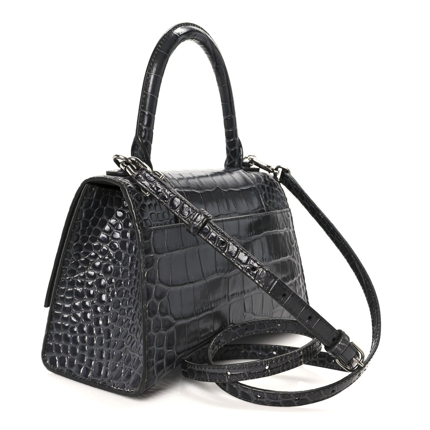 Shiny Calfskin Crocodile Embossed Small Hourglass Top Handle Bag Dark Grey