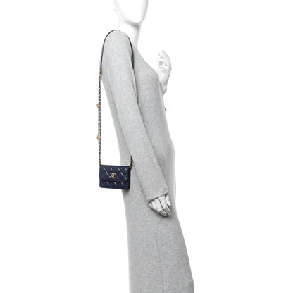 Caviar Quilted Twist Your Buttons Coin Purse With Chain Navy