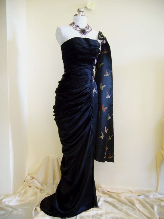formaldressy-Navy Blue Butterfly Long Satin Fashion One Shoulder Floor Length  Prom Dress Evening Dress Graduation Dress gh5197