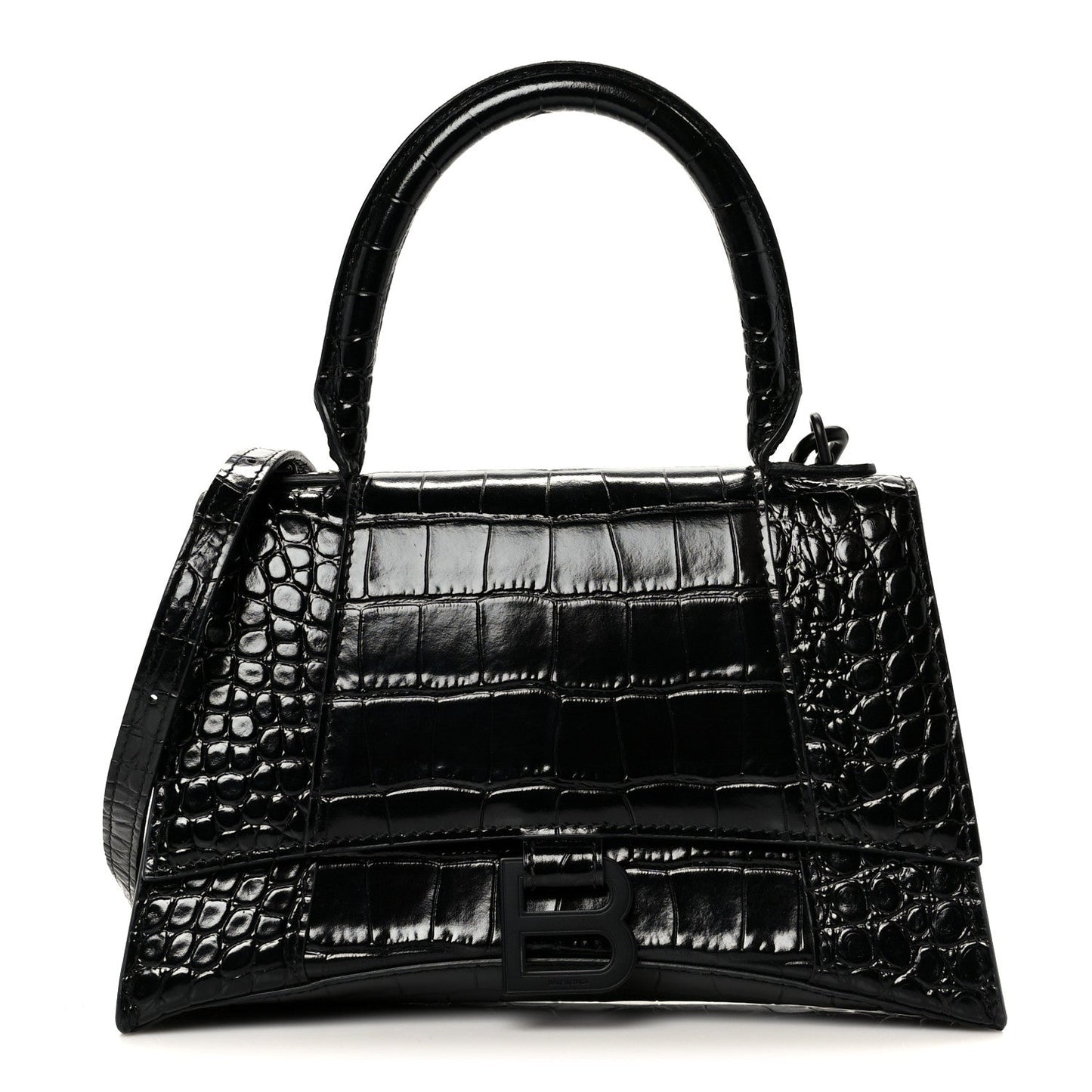 Shiny Calfskin Monochrome Crocodile Embossed Small Hourglass Top Handle Bag Black