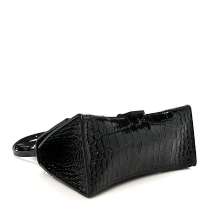 Shiny Calfskin Monochrome Crocodile Embossed Small Hourglass Top Handle Bag Black