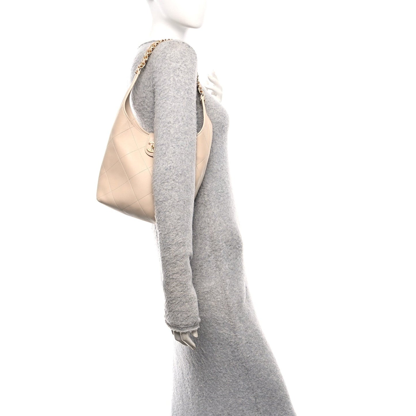 Shiny Lambskin Quilted Small Hobo Beige
