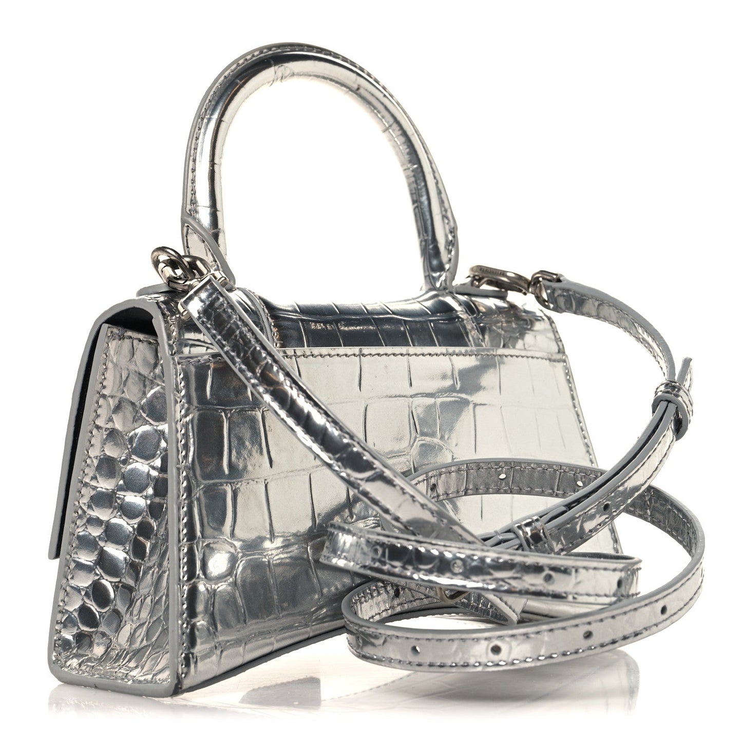 Metallic Calfskin Crocodile Embossed Crystal Hourglass Top Handle Bag XS Silver