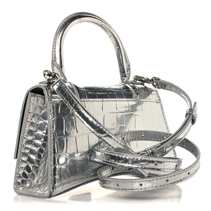 Metallic Calfskin Crocodile Embossed Crystal Hourglass Top Handle Bag XS Silver