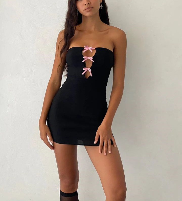 formaldressy-Black and pink bow short satin homecoming dress gh5259