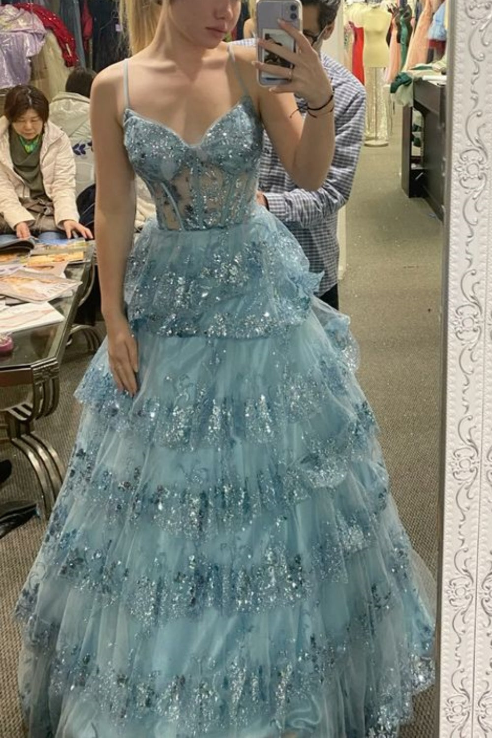 formaldressy-Gray/Blue Long Princess Sparkling Sequined Long Tulle Prom Dress Graduation Dress gh5925