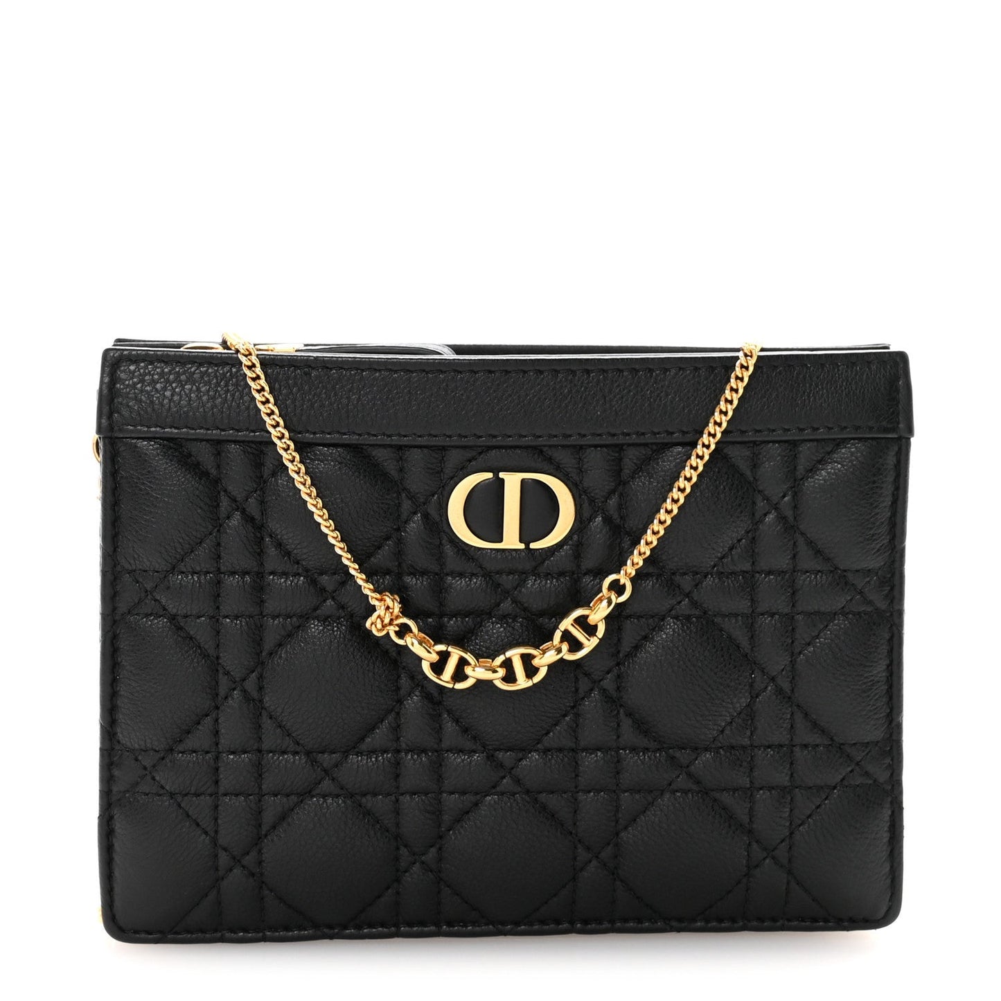 Calfskin Cannage Caro Zipped Pouch With Chain Black
