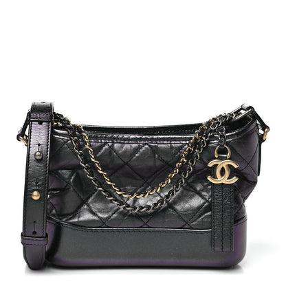 Iridescent Aged Calfskin Quilted Small Gabrielle Hobo Black