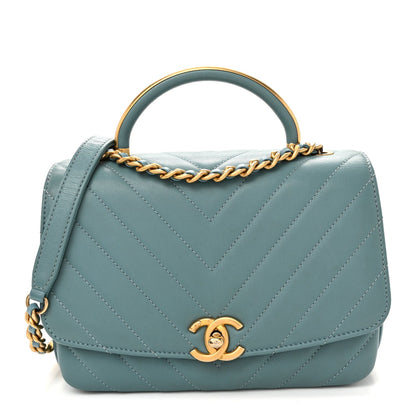 Lambskin Chevron Quilted Gold Top Handle Flap Bag Blue