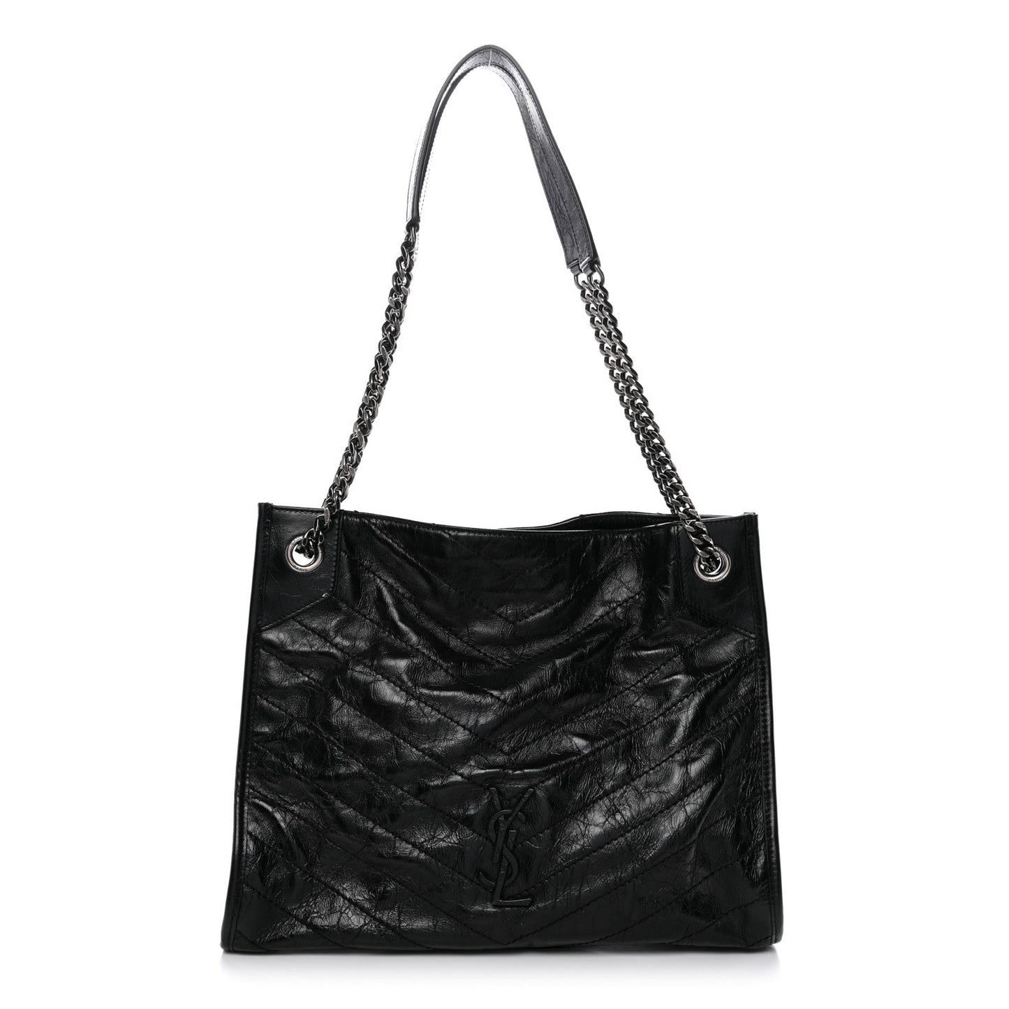 Crinkled Calfskin Matelasse Monogram Medium Niki Shopper Tote Black