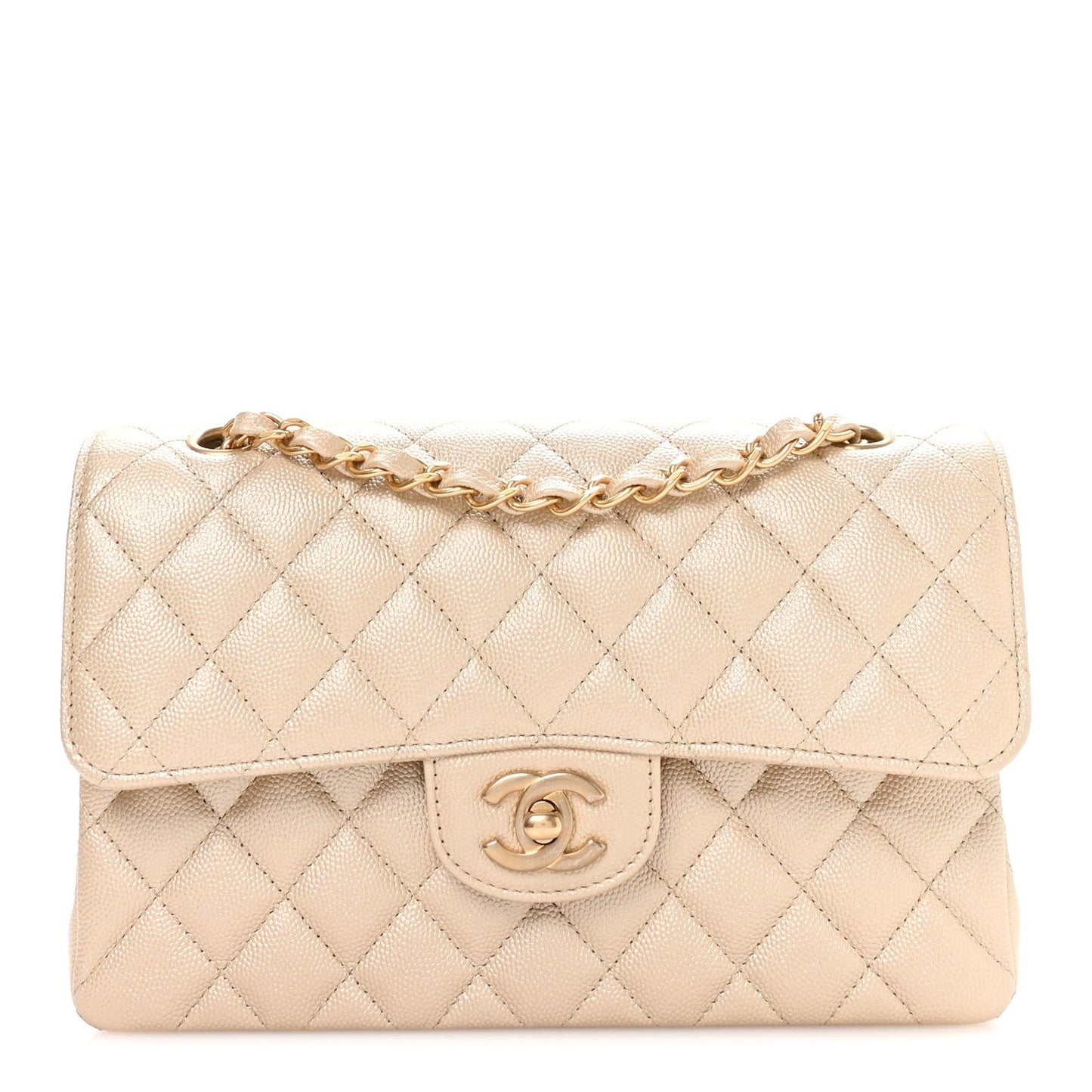 Metallic Caviar Quilted Small Double Flap Beige