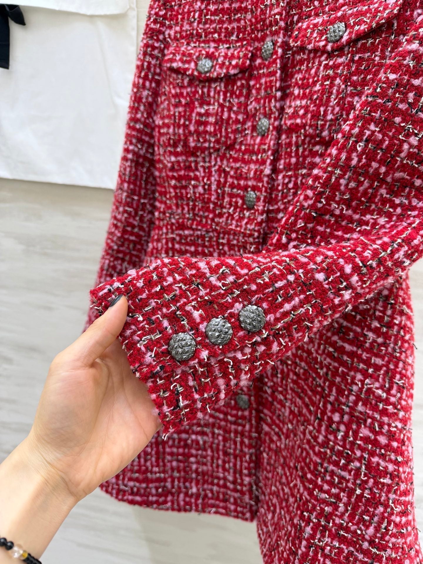 CC Woven Tweed Long-Sleeved Dress Red Pink Tweed 343197
