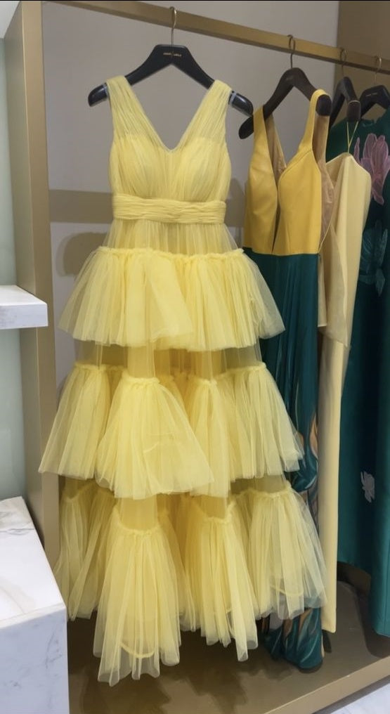 formaldressy- Yellow layered ruffled tulle long dress gh6202