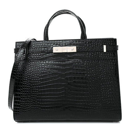 Shiny Calfskin Crocodile Embossed Small Manhattan Shopper Tote Black