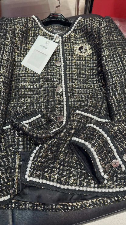 CC 25 Catwalk Style Custom Gold Woven Woolen Pearl Trim Black Coat