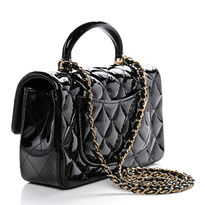 Patent Quilted Mini Top Handle Rectangular Flap Black