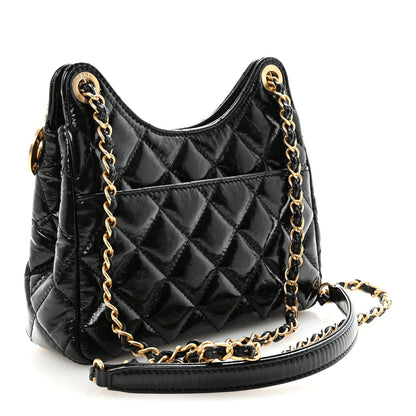 Shiny Crumpled Calfskin Quilted Small Wavy CC Hobo Black
