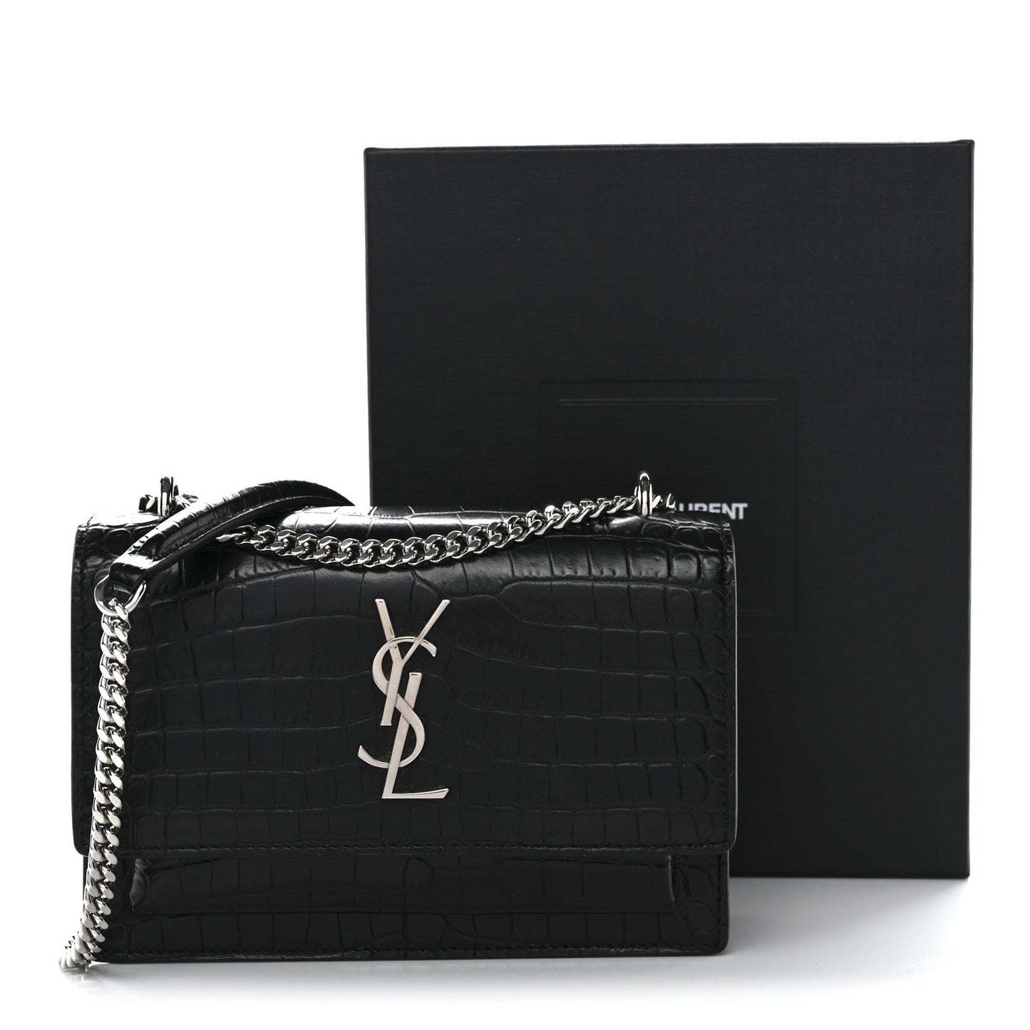 Calfskin Crocodile Embossed Monogram Sunset Chain Wallet Black