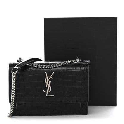 Calfskin Crocodile Embossed Monogram Sunset Chain Wallet Black