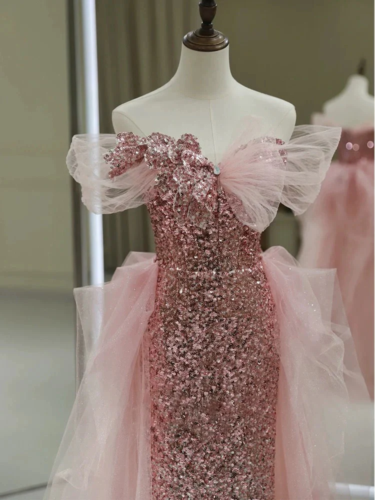 Sheath Off The Shoulder Pink Sequin Long Evening Dress Prom Dresses Birthday Outfits   cg26199