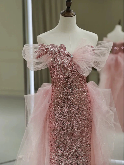 Sheath Off The Shoulder Pink Sequin Long Evening Dress Prom Dresses Birthday Outfits   cg26199