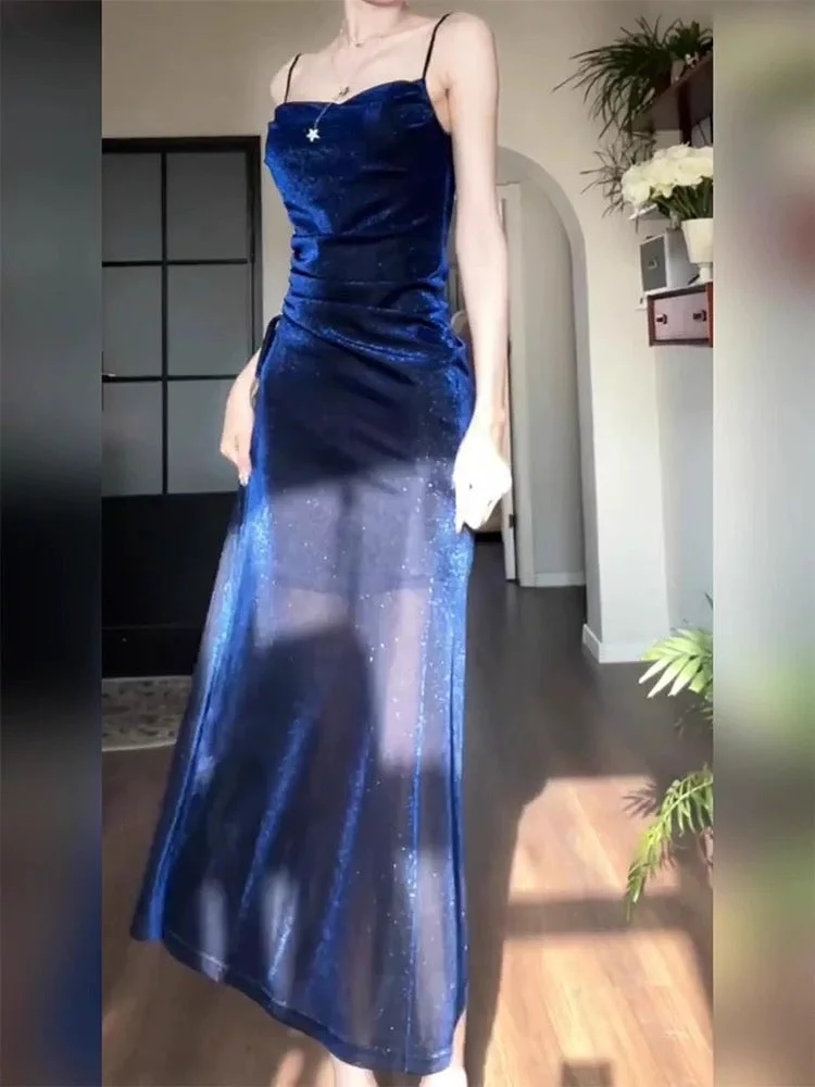 Sheath Spaghetti Straps Navy Blue Long Evening Dress Prom Dresses Birthday Outfits cg26204