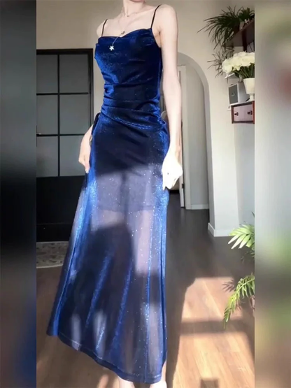Sheath Spaghetti Straps Navy Blue Long Evening Dress Prom Dresses Birthday Outfits cg26204
