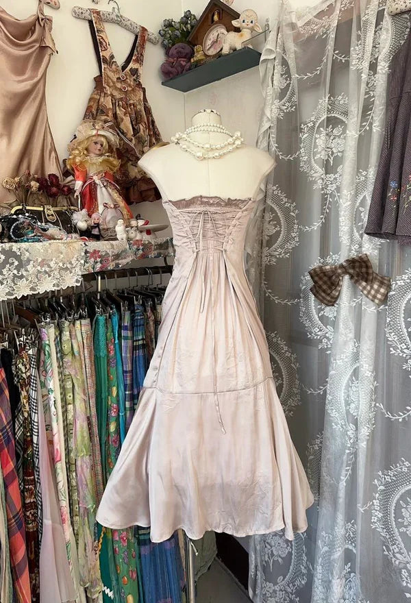 formaldressy-- Light pink homecoming dress vintage off-the-shoulder satin short birthday dress gh5728