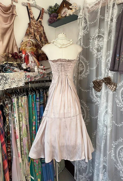 formaldressy-- Light pink homecoming dress vintage off-the-shoulder satin short birthday dress gh5728