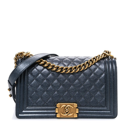 Metallic Calfskin Quilted Medium Boy Flap Grey
