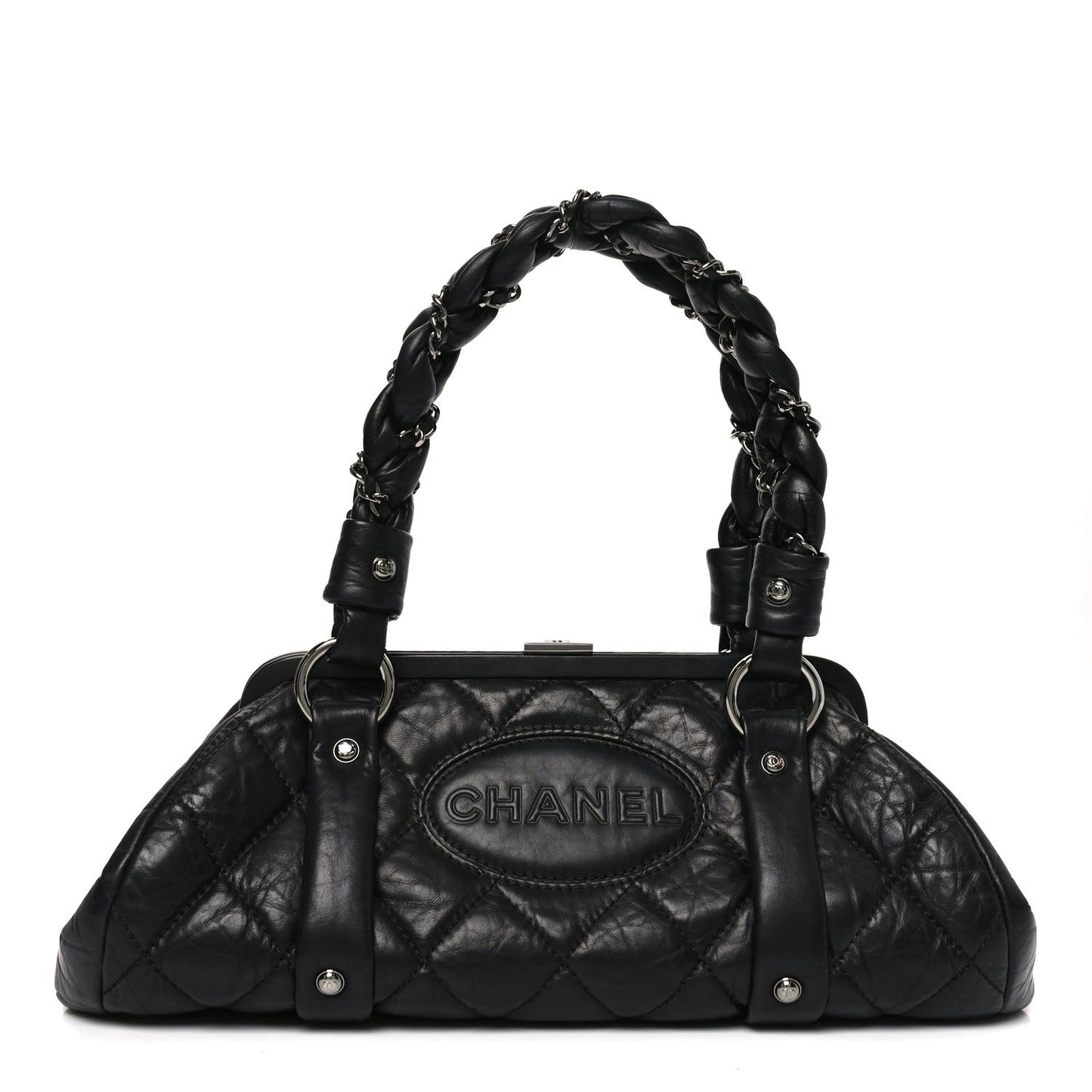 Distressed Lambskin Lady Braid Frame Bowler Black