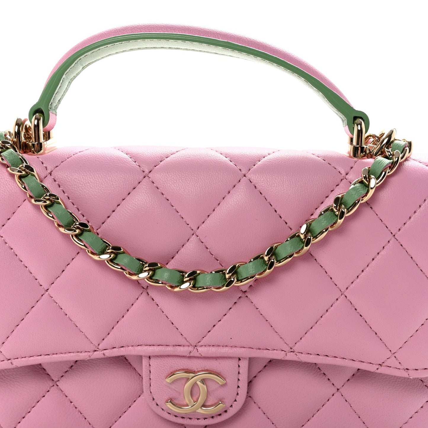 Lambskin Quilted Flap Phone Holder With Chain Lilac Light Green
