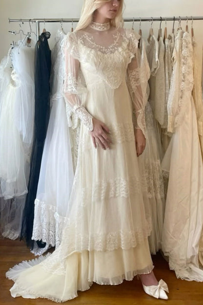formaldressy-Long-Sleeved Dress, Retro Half-High Collar, Elegant Long Exquisite Lace Tulle Wedding Dress gh5854