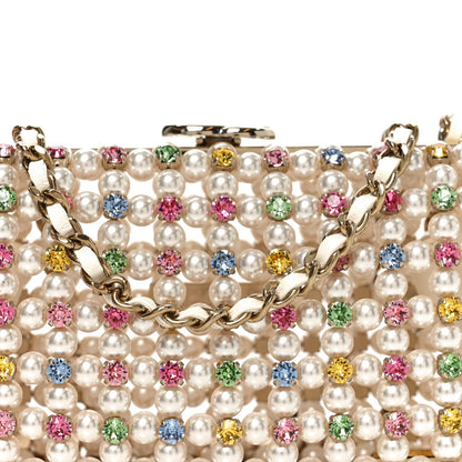 Metal Pearl Minaudiere CC Evening Bag White Gold Multicolor