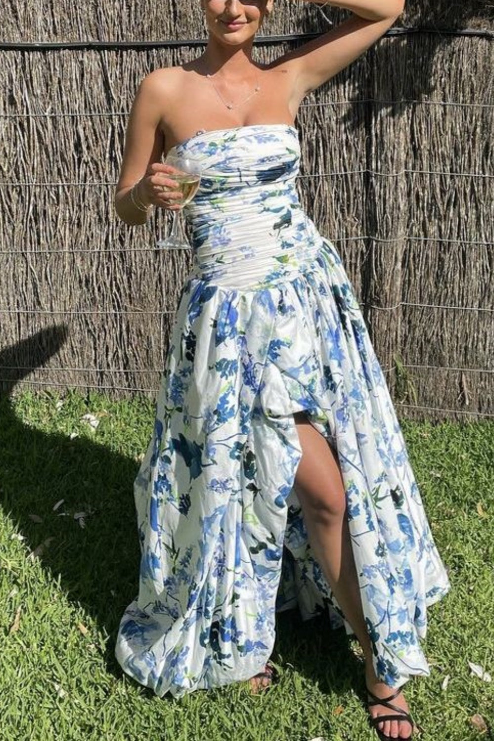 formaldressy-Blue And White Floral Long Satin Chiffon Ball Gown Graduation Dress gh5927