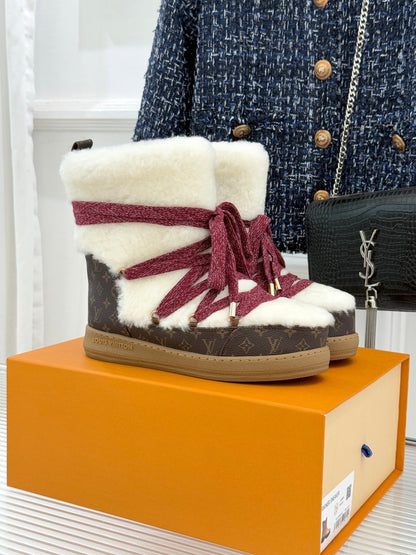 LV Cloud Lace-Up Ankle Boot Sneaker White - Red Shearling Monogram Canvas 572469