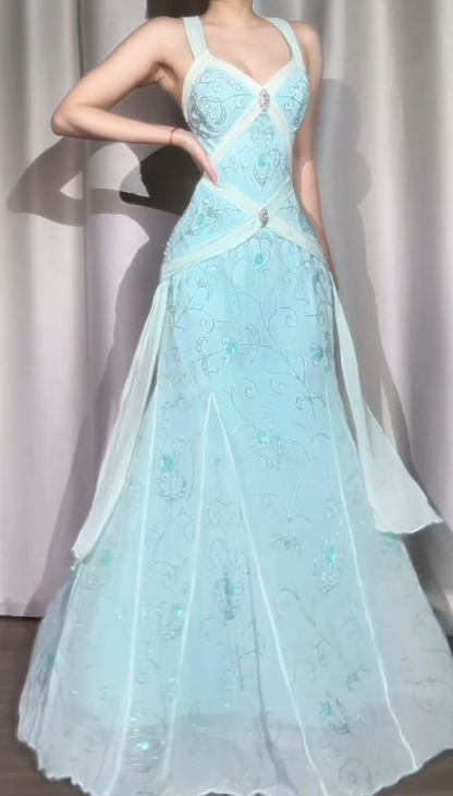 Vintage Blue Beaded Long Prom Dresses Formal Party Dress Birthday Outfit cg26112