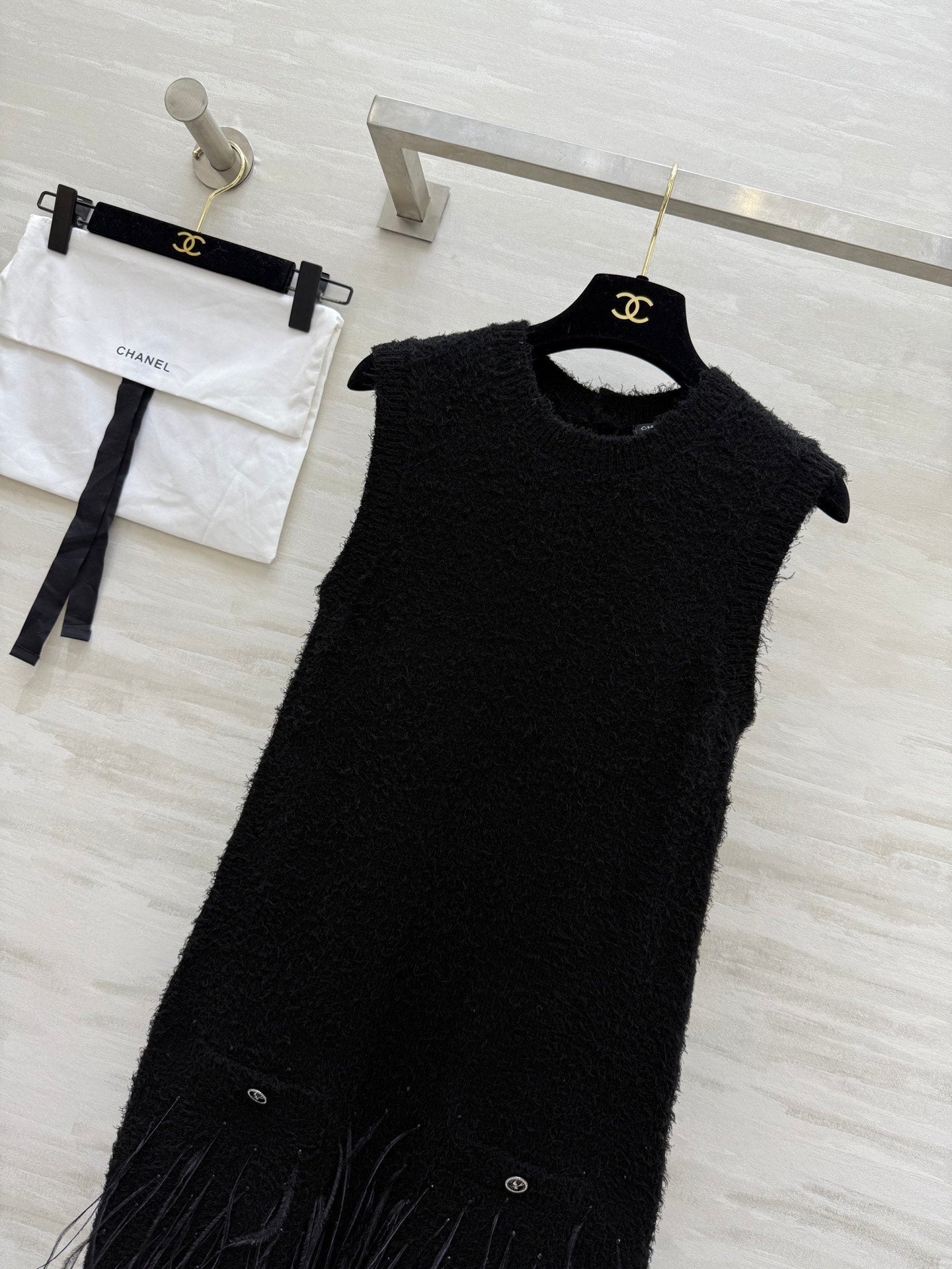 CC Ostrich Feather Rhinestone Vest Dress Black Mulberry Silk Yarn 346472
