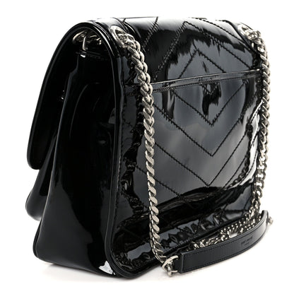 Faux Patent Matelasse Monogram Medium Niki Chain Satchel Black