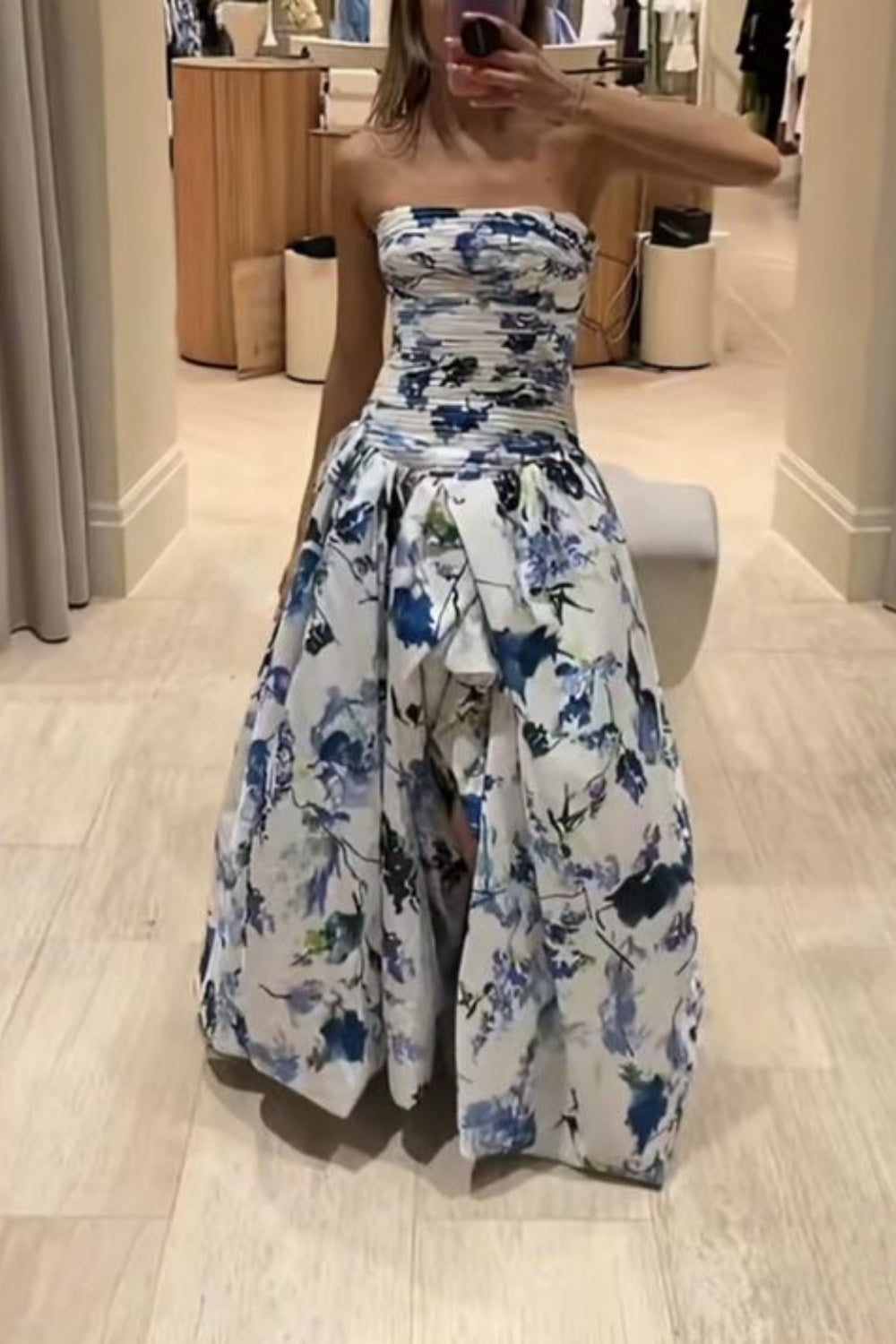 formaldressy-Blue And White Floral Long Satin Chiffon Ball Gown Graduation Dress gh5927
