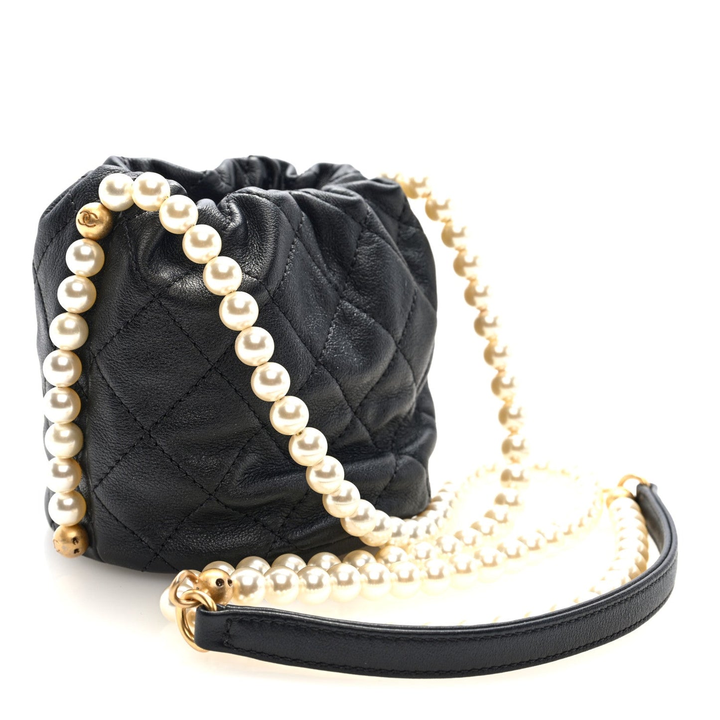 Calfskin Quilted Pearl Mini About Pearls Drawstring Bucket Bag Black