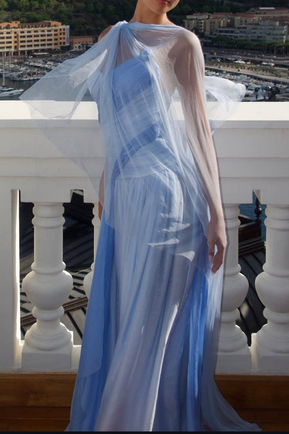 formaldressy-(Includes Scarf)Soft Blue Elegant Classic Dress Gradient Dress gh6327